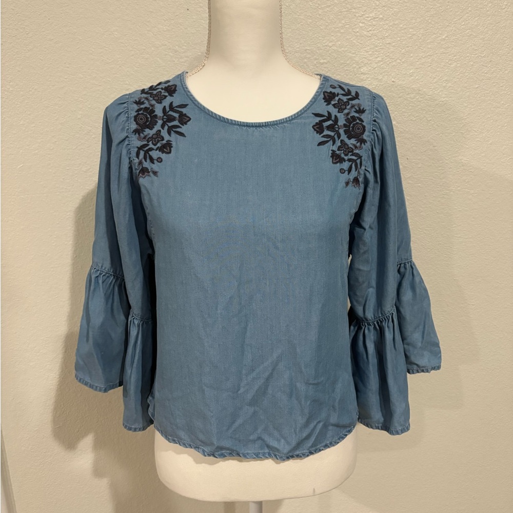 Hollister Blue Bell Sleeve Chambray Blouse with Embroidery